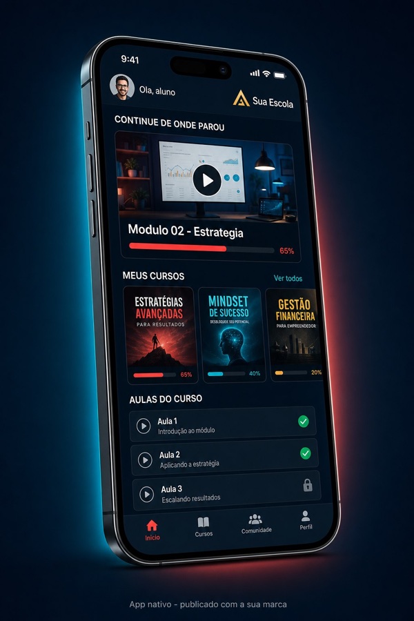App white-label da sua escola, com área de membros e player próprios